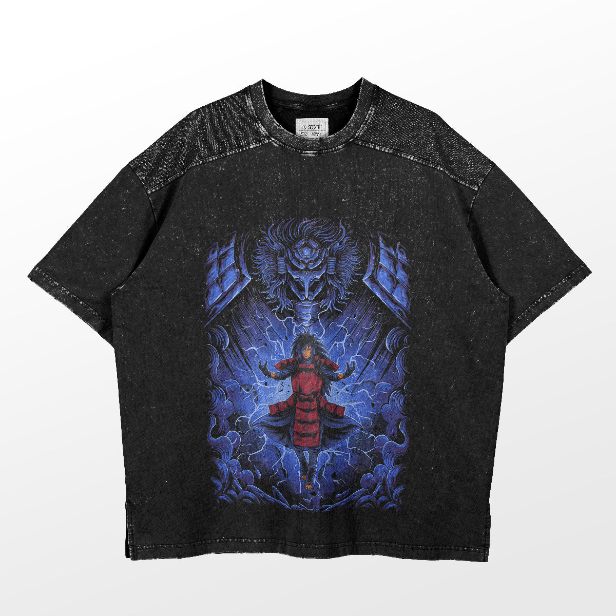 Introducing the Naruto Madara Uchiha Lightning T-Shirt by Naruto: a black tee with a bold graphic of a red-clad figure facing a majestic blue dragon, set against an intricate dark background. Perfect for anime fans looking to express their style boldly.