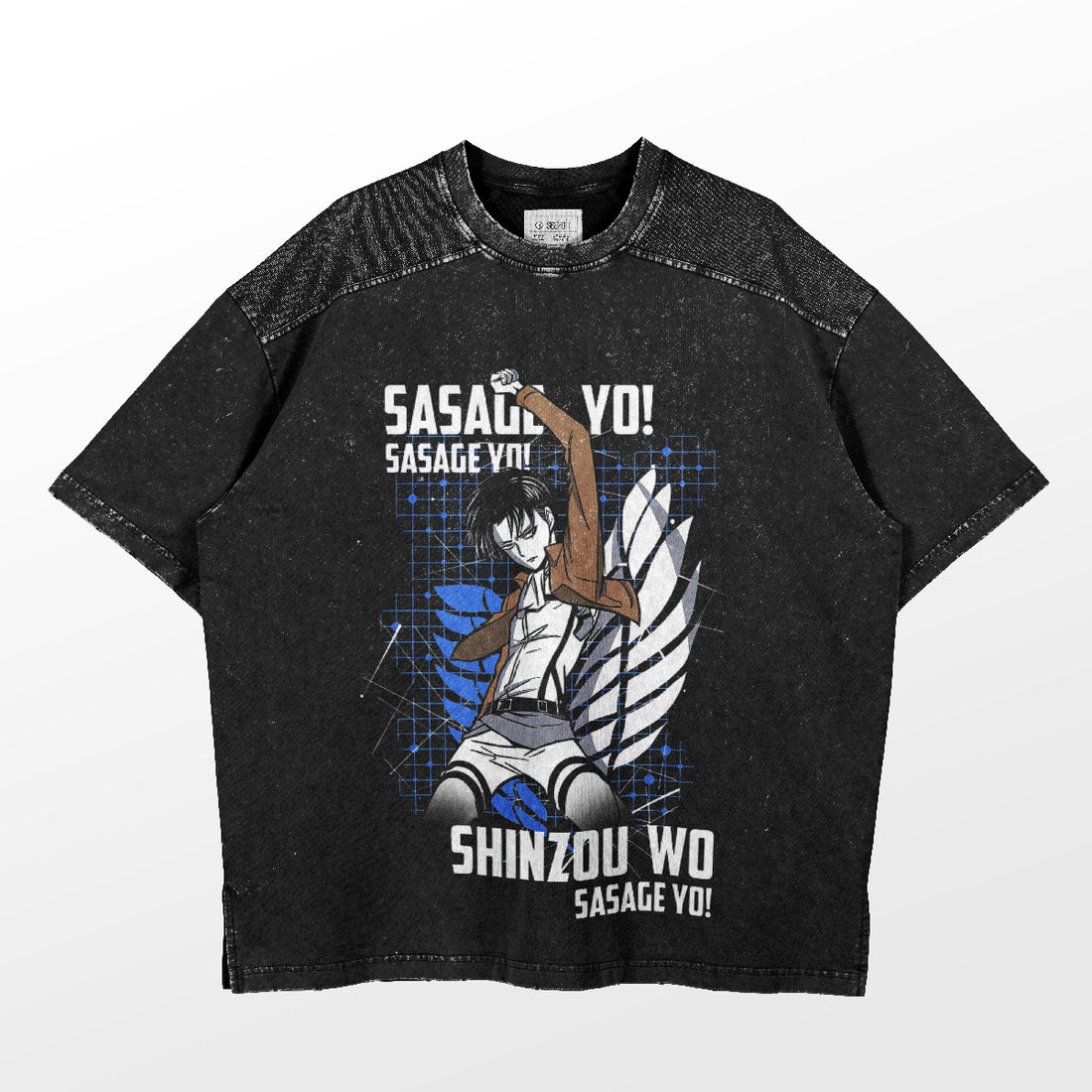 The Levi Ackerman SASAGEYO T-Shirt by Attack on Titan features a black short-sleeve design with an anime illustration and bold text in a stylized font. It includes geometric background and textured fabric detail on the shoulders, ideal for any AoT fan.