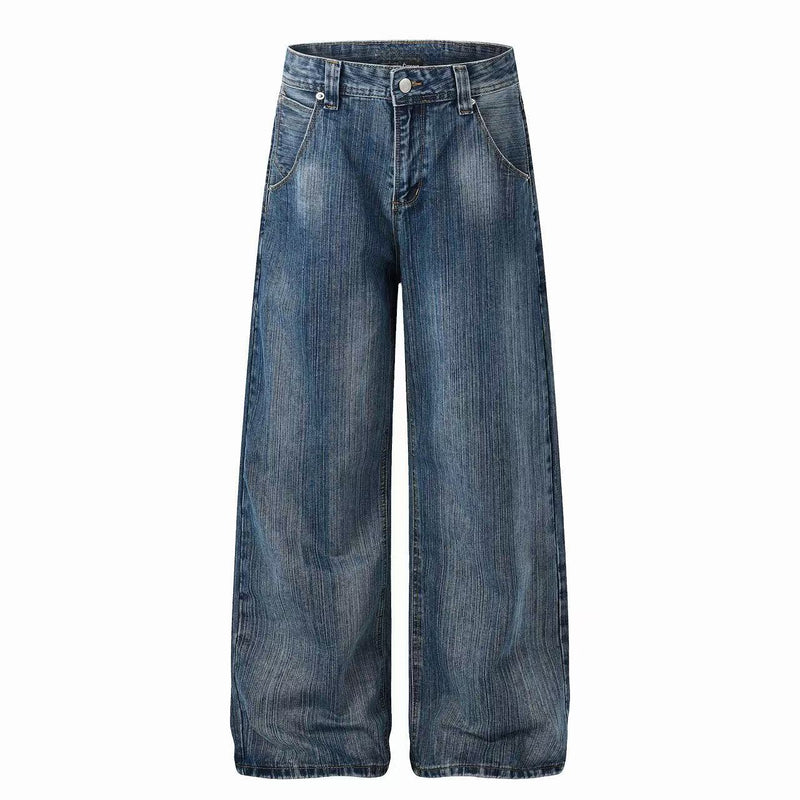 Front view of wide-leg blue denim jeans with faded wash, five-pocket styling, and button fly