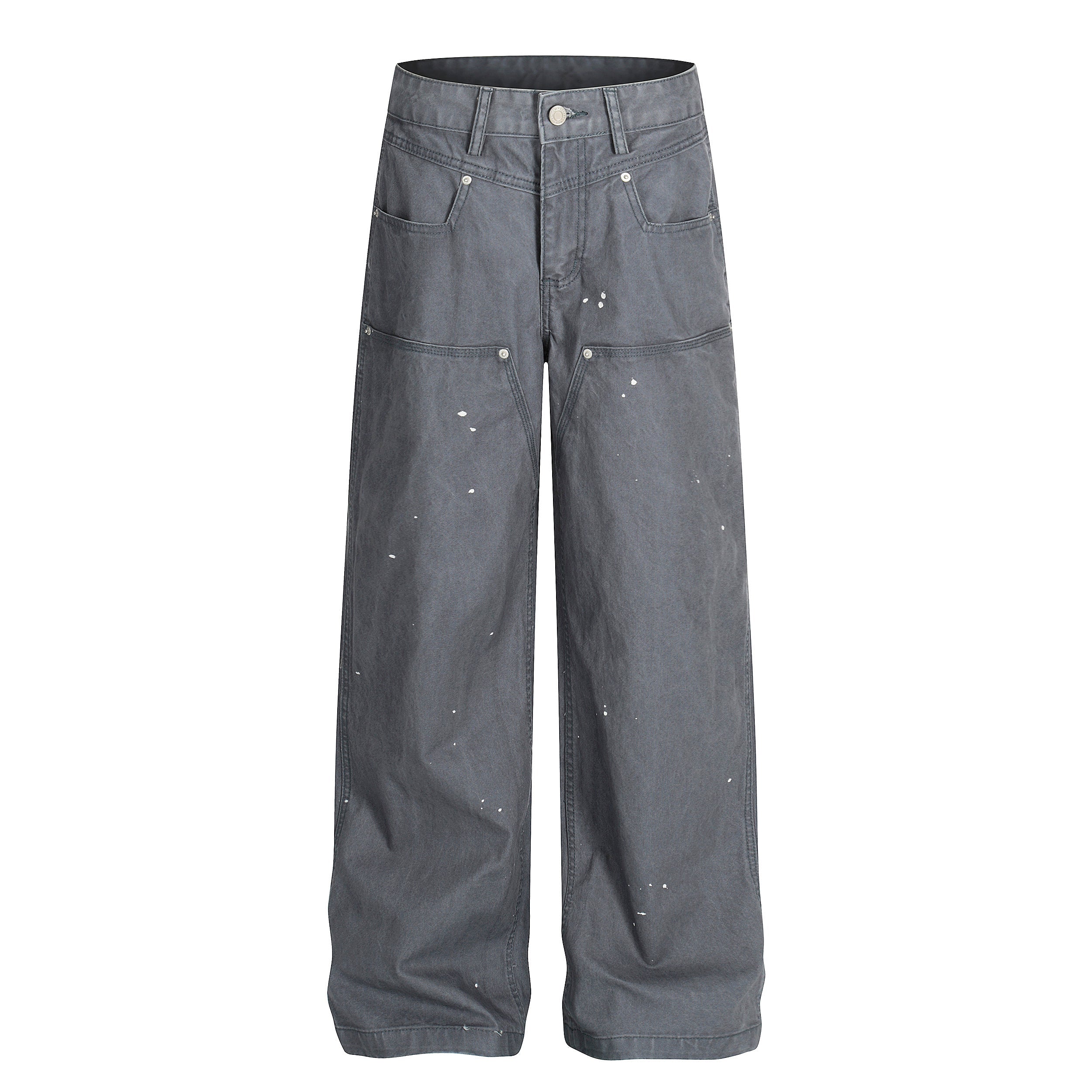 Grey wide-leg utility jeans with white paint-splatter detailing, front pockets and panel seams, flat lay on white background