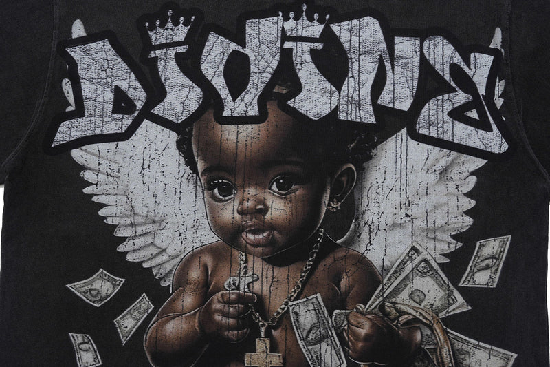 Black vintage wash graphic T-shirt featuring a baby with wings, crown lettering, and scattered dollar bills