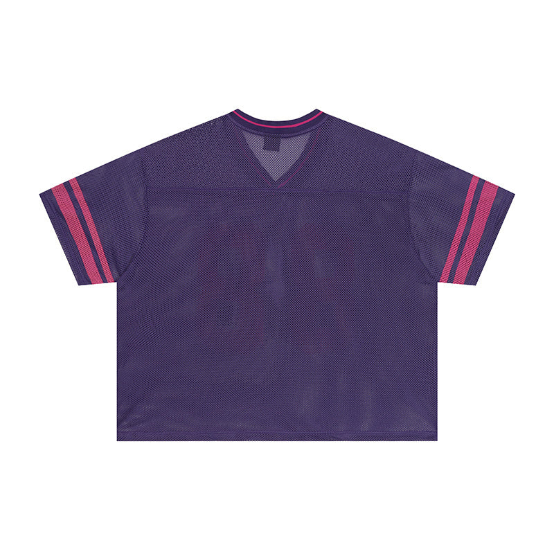 Purple mesh varsity football jersey with pink striped sleeves and V-neck streetwear design