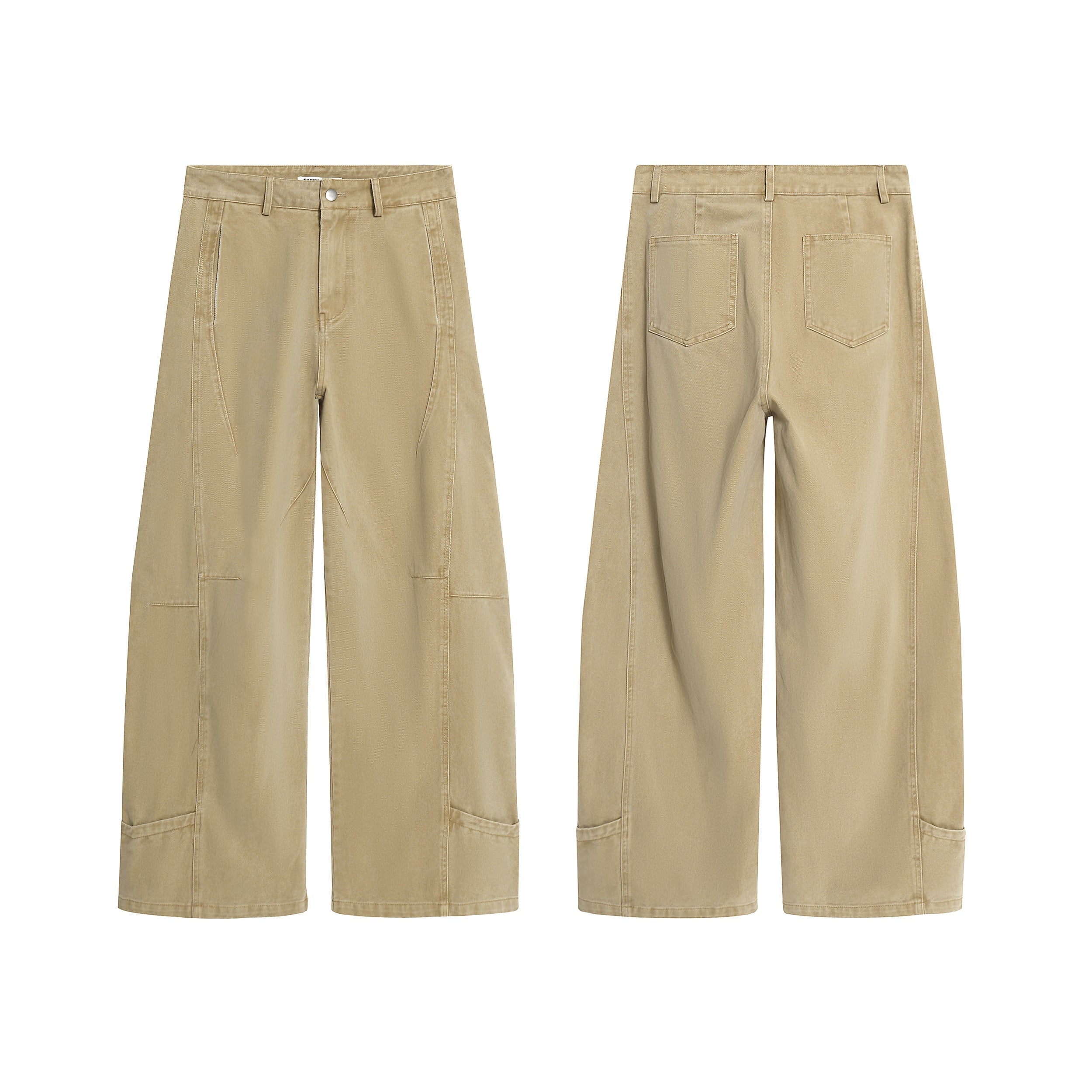 Front and back view of khaki wide-leg cotton twill work pants with curved seam details and patch panels