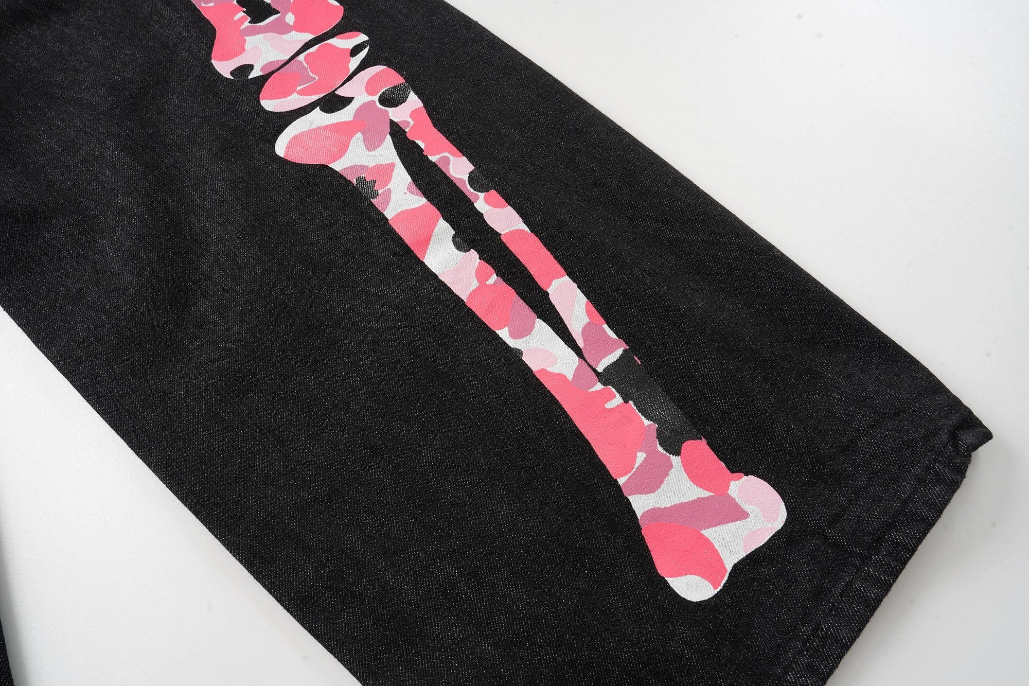 Skeleton Graphic Wide-Leg Black Denim Pants | Streetwear