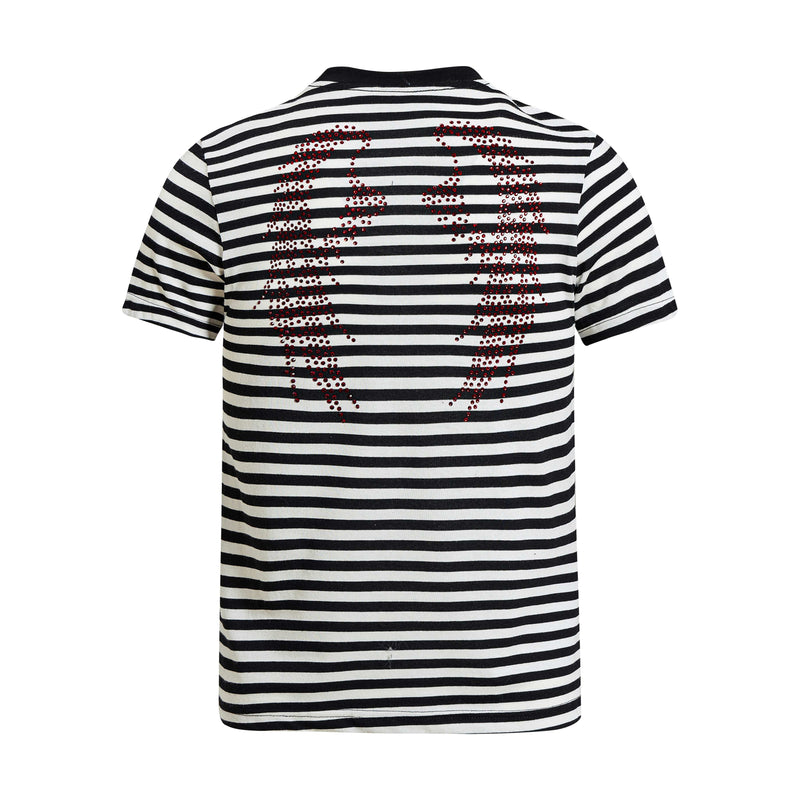 Black and white striped Seakoff tee with red rhinestone gothic script on the back, short sleeves and crew neck