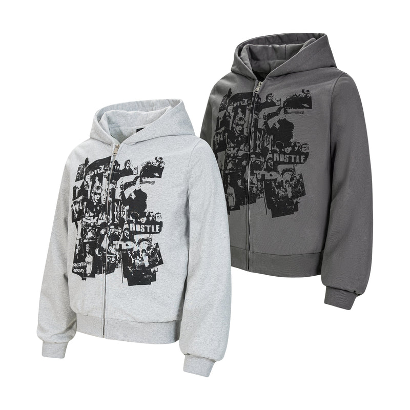Light gray and charcoal zip-up hoodies with black retro collage print on front