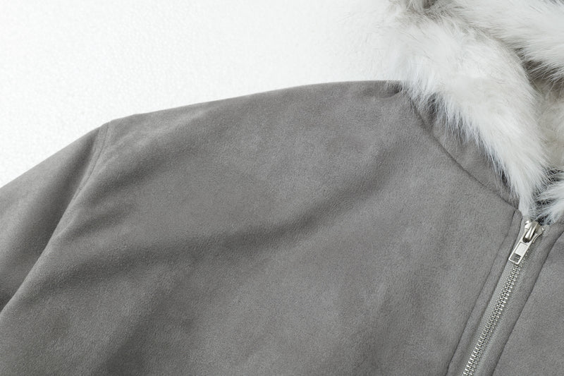Faux-Fur Lined Suede Hoodie Bomber Jacket | Omirad