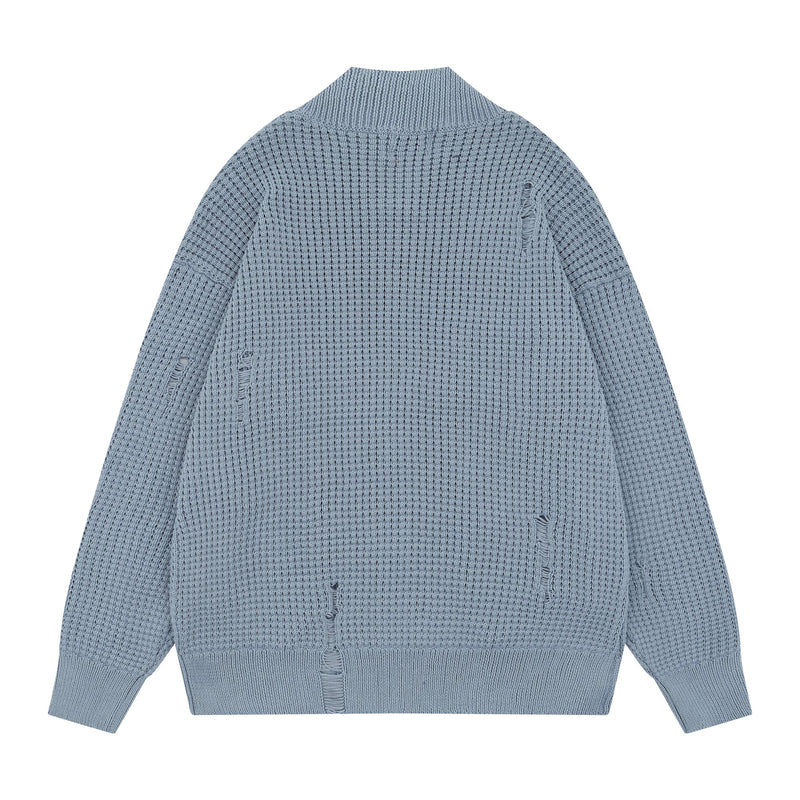 Light blue waffle knit cardigan, back view with distressed holes and ribbed collar