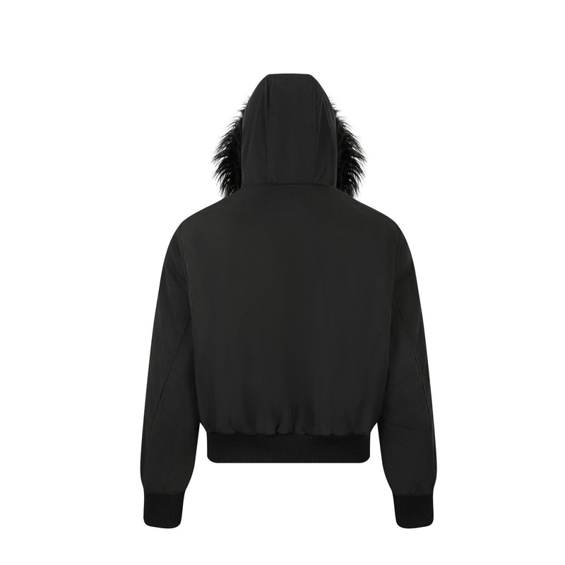 Faux Fur Hooded Bomber Jacket with Badge Patches | SEAKOFF