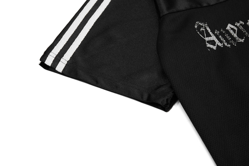 Black mesh sport tee with white side stripes and gothic Aversio print on the sleeve