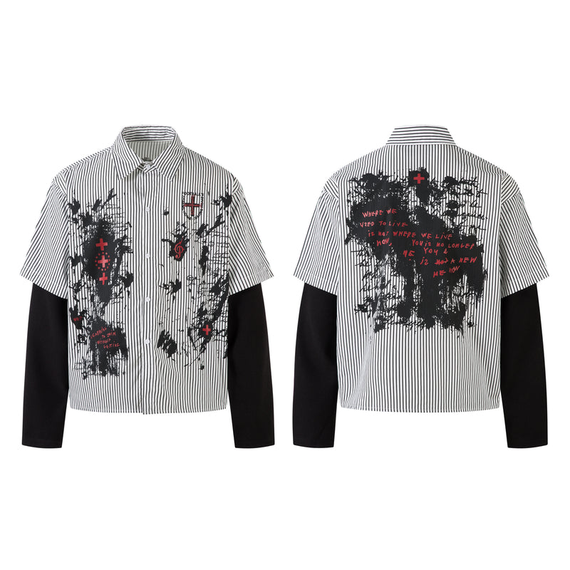 Front and back view of a black and white pinstripe layered shirt with ink-splash graffiti graphics and red cross details