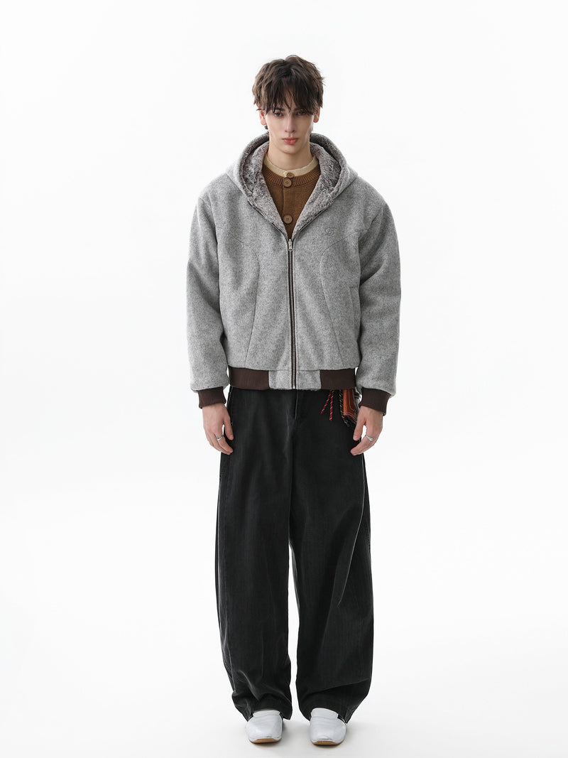 Wool Blend Fleece Hooded Bomber Jacket | Omirad