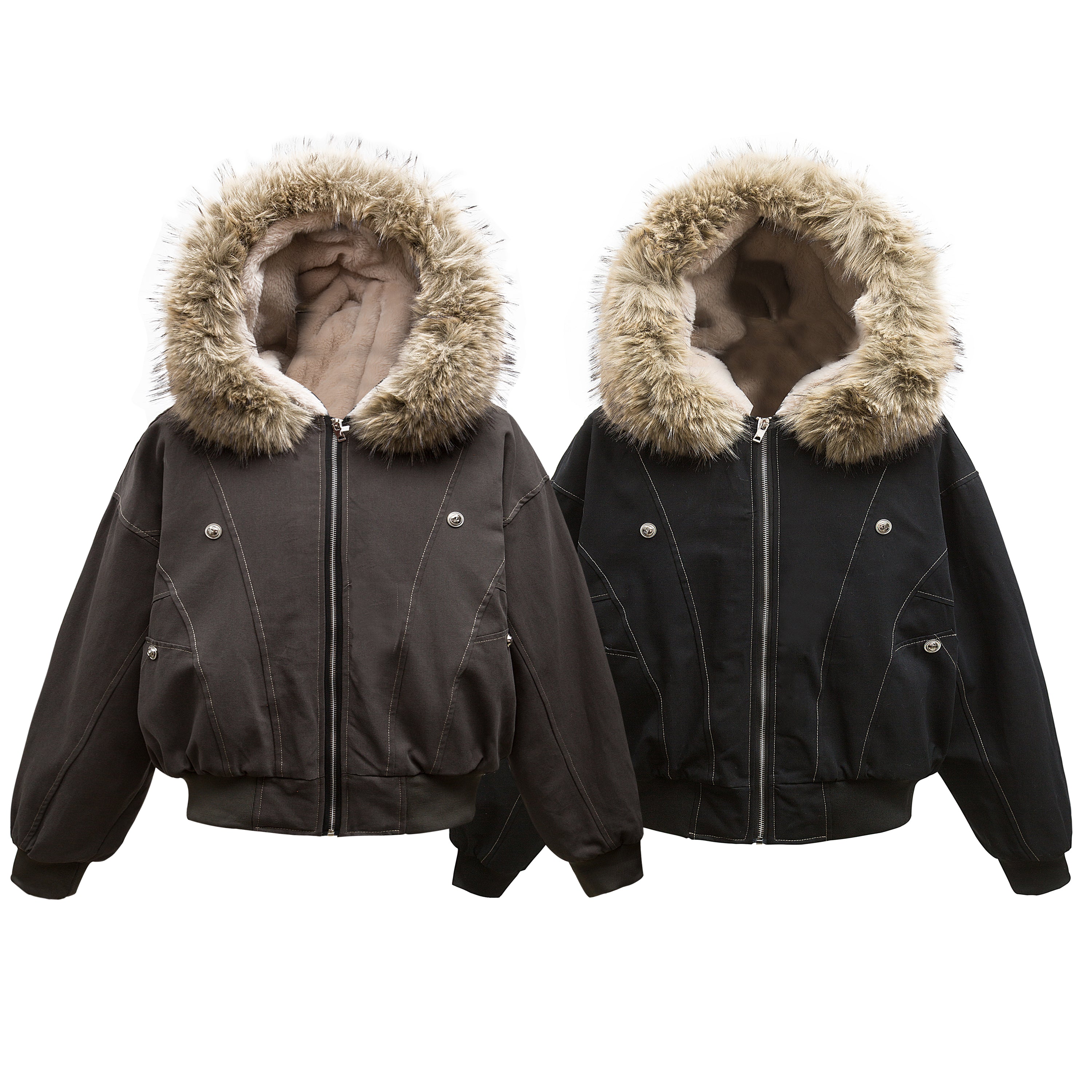 Oversized faux-fur hooded bomber jacket in charcoal and black with contrast stitching and snap-button pockets