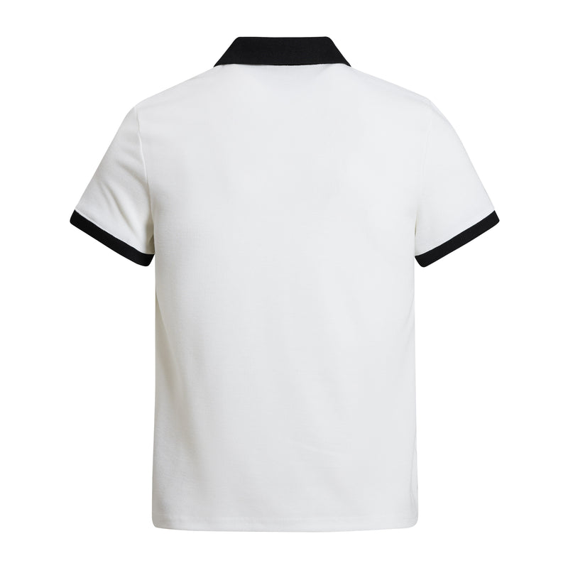 White polo shirt with black contrast collar and sleeve trim, shown from the back on a clean white background