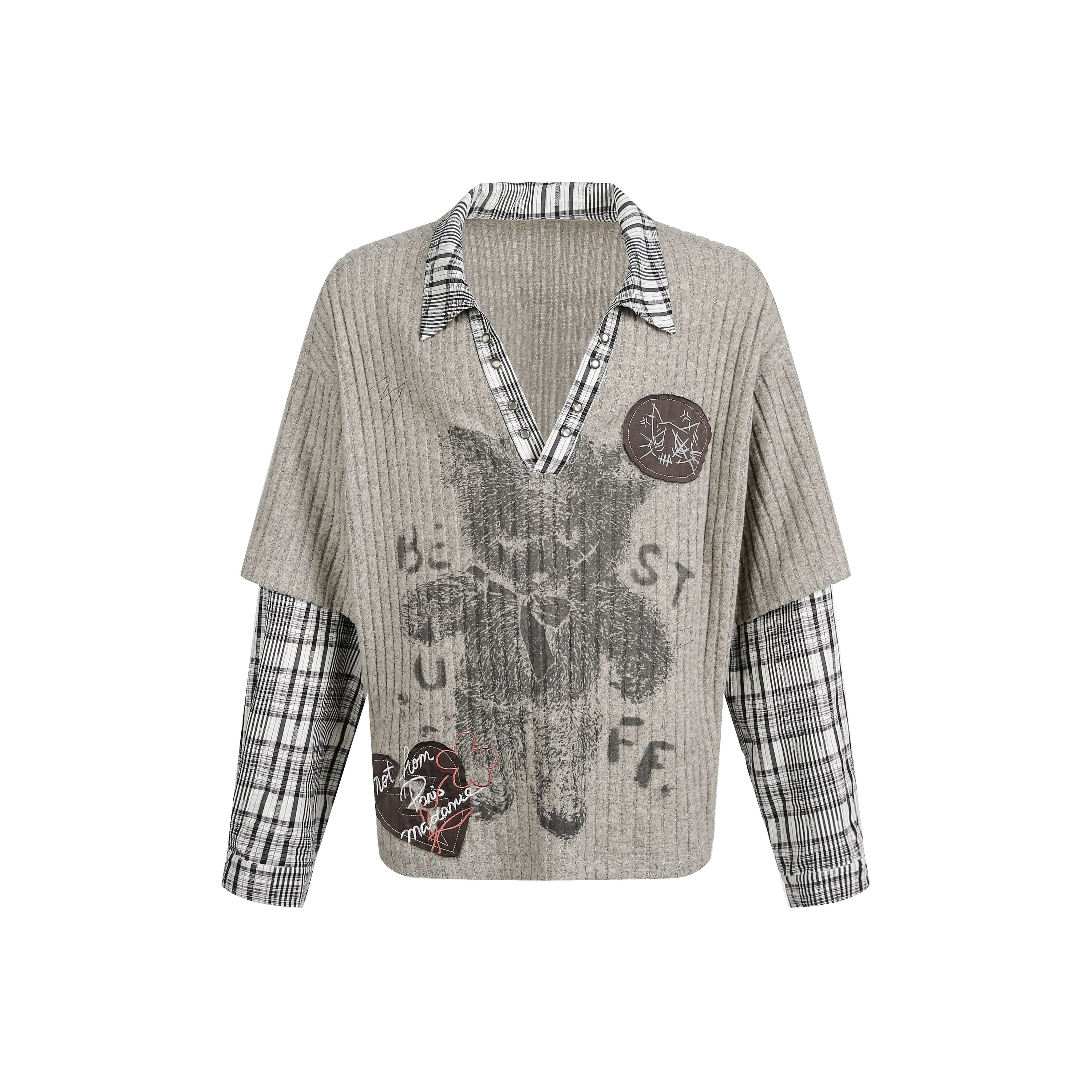 Plaid Layered Bear Graphic Ribbed Knit Sweater | Streetwear