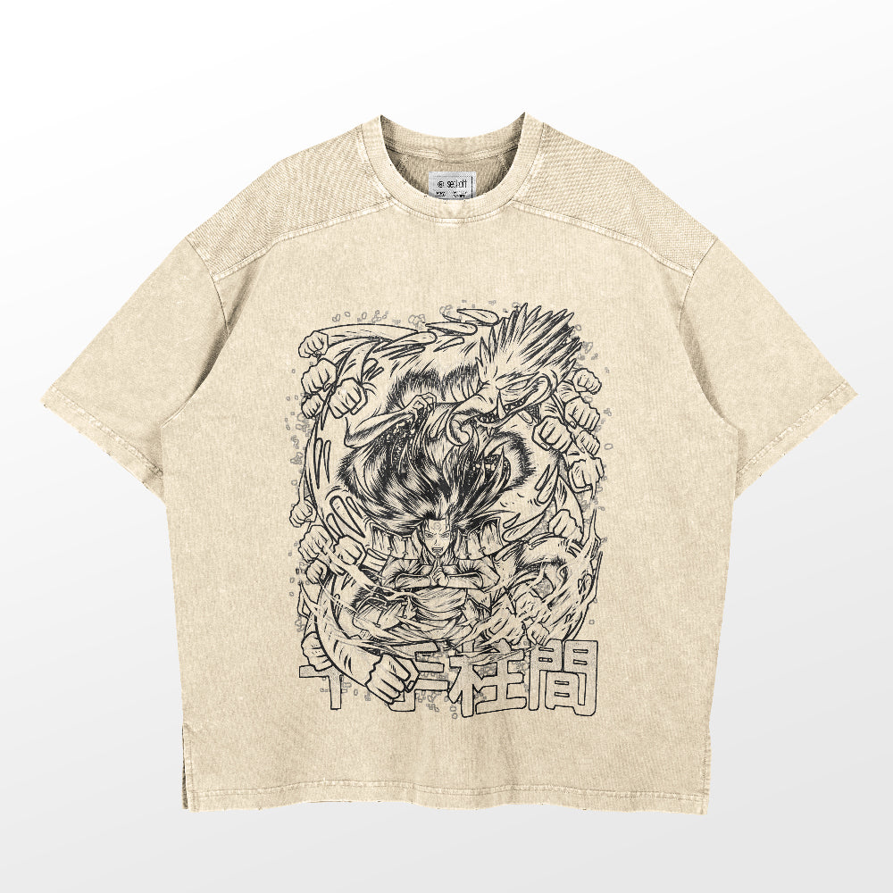 Explore the Naruto Hashirama Senju Washed Vintage T-Shirt, a beige streetwear piece featuring black line art of a stylized face, intricate patterns, and Japanese characters. Made from 260 GSM high-quality cotton, it captures the spirit of Naruto&