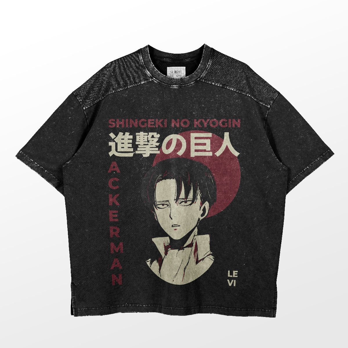 The Levi Ackerman Multi-Face T-Shirt by Attack on Titan features a black design with Japanese text, showcasing a short dark-haired character along with &quot;Shingeki no Kyojin&quot; and &quot;Ackerman,&quot; celebrating Attack on Titan merchandise.