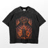 A black T-shirt with a graphic design of a central fiery figure and intricate patterns, ideal for anime fans. The top displays a menacing face similar to the Itachi Susanoo T-Shirt from Naruto Shippuden Apparel, surrounded by flames and dark elements.