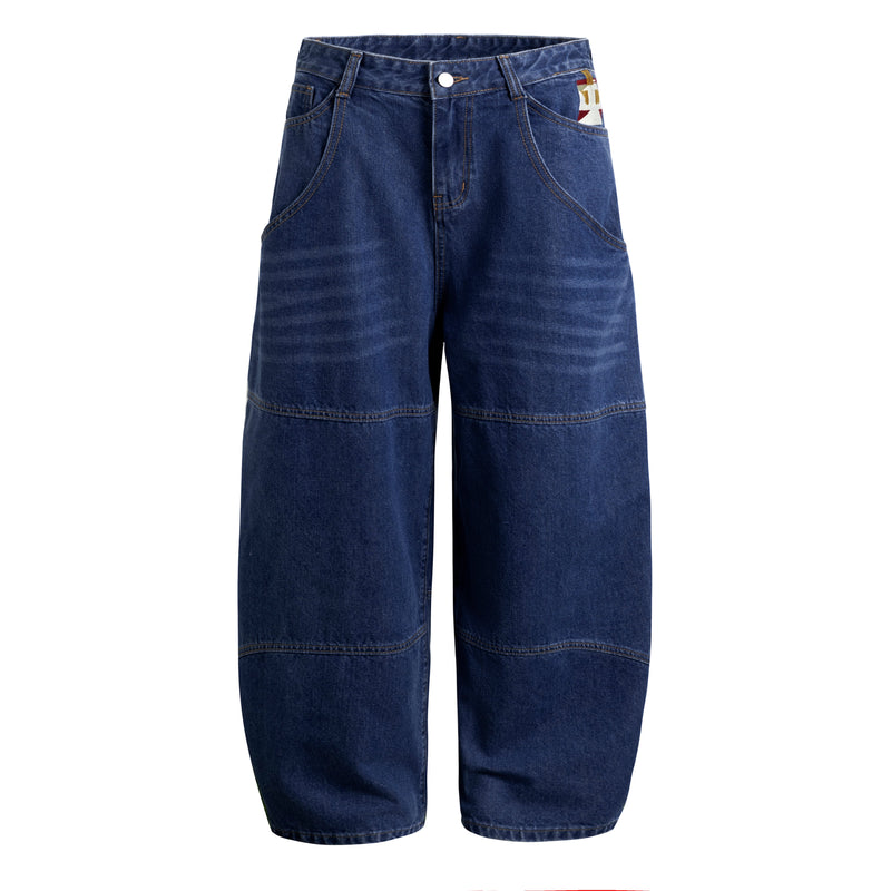 Omirad Embroidered Wide-Leg Cotton Denim Pants | Deep Blue