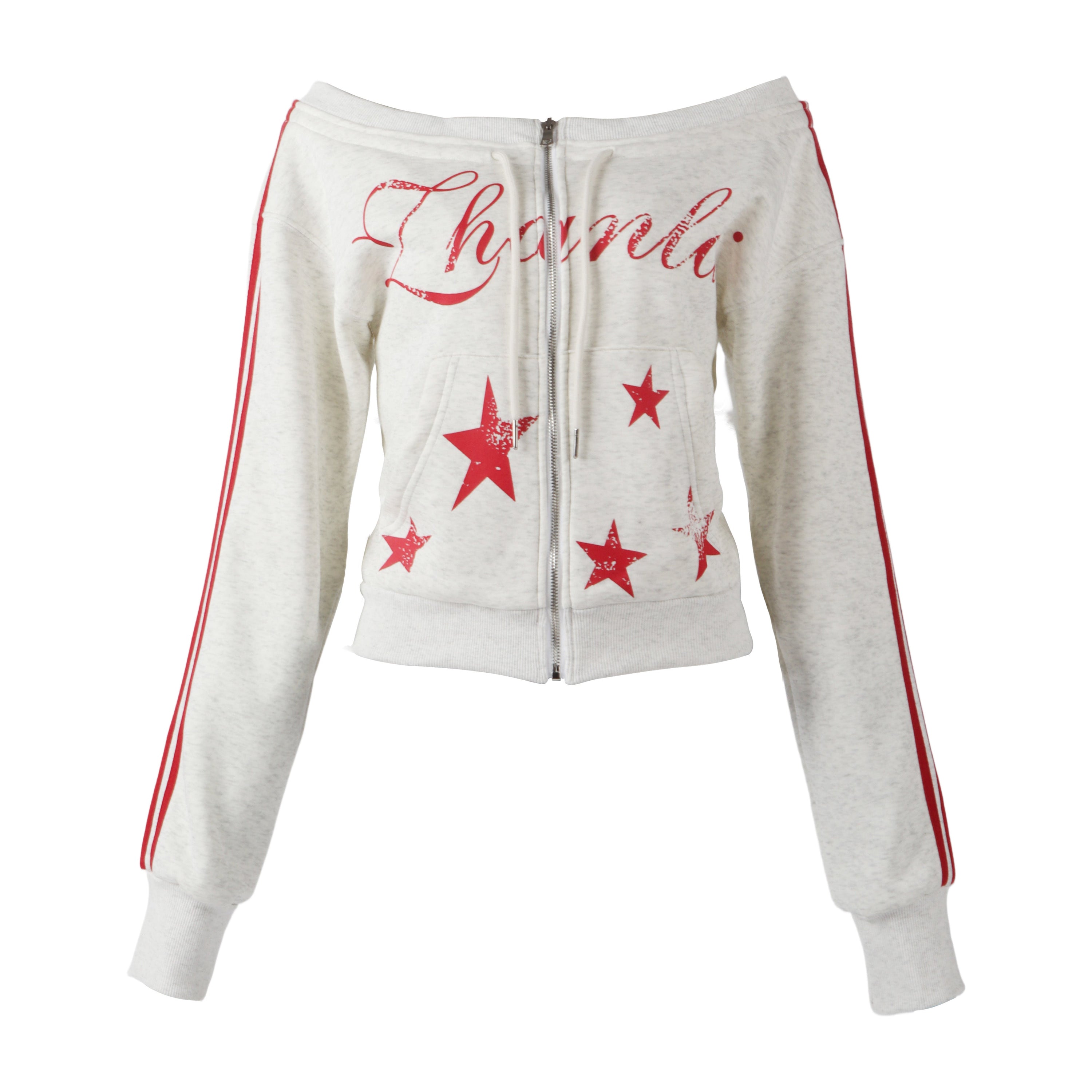 Y2K Off-Shoulder Zip Hoodie | Red Star Cropped Sweatshirt