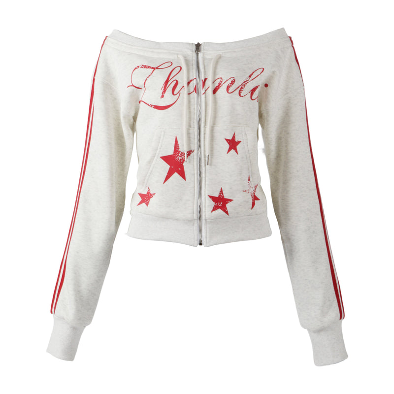 Off-shoulder white cropped zip hoodie with red star print and sleeve stripes, front view
