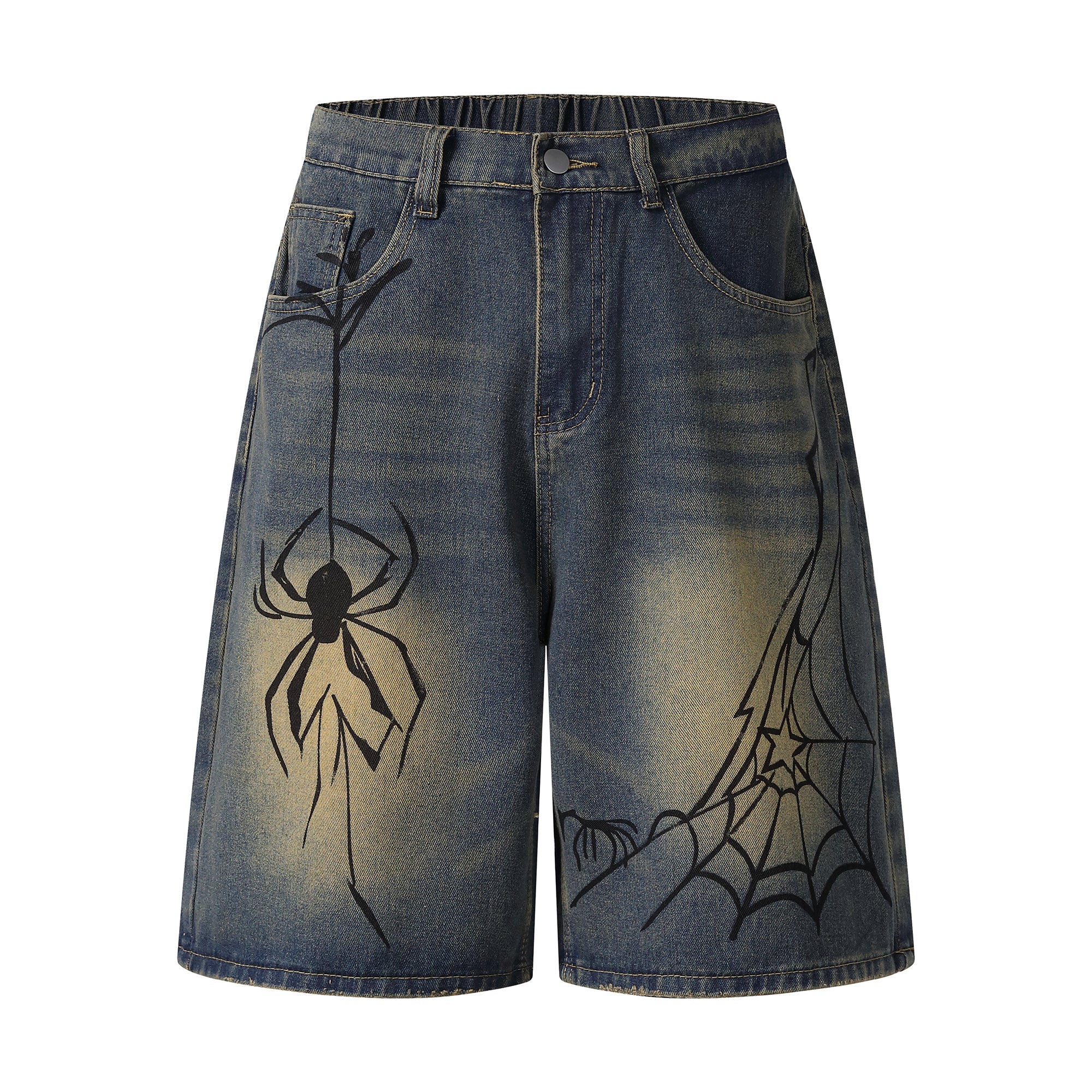 Spider Web Graphic Wide-Leg Denim Shorts | Streetwear