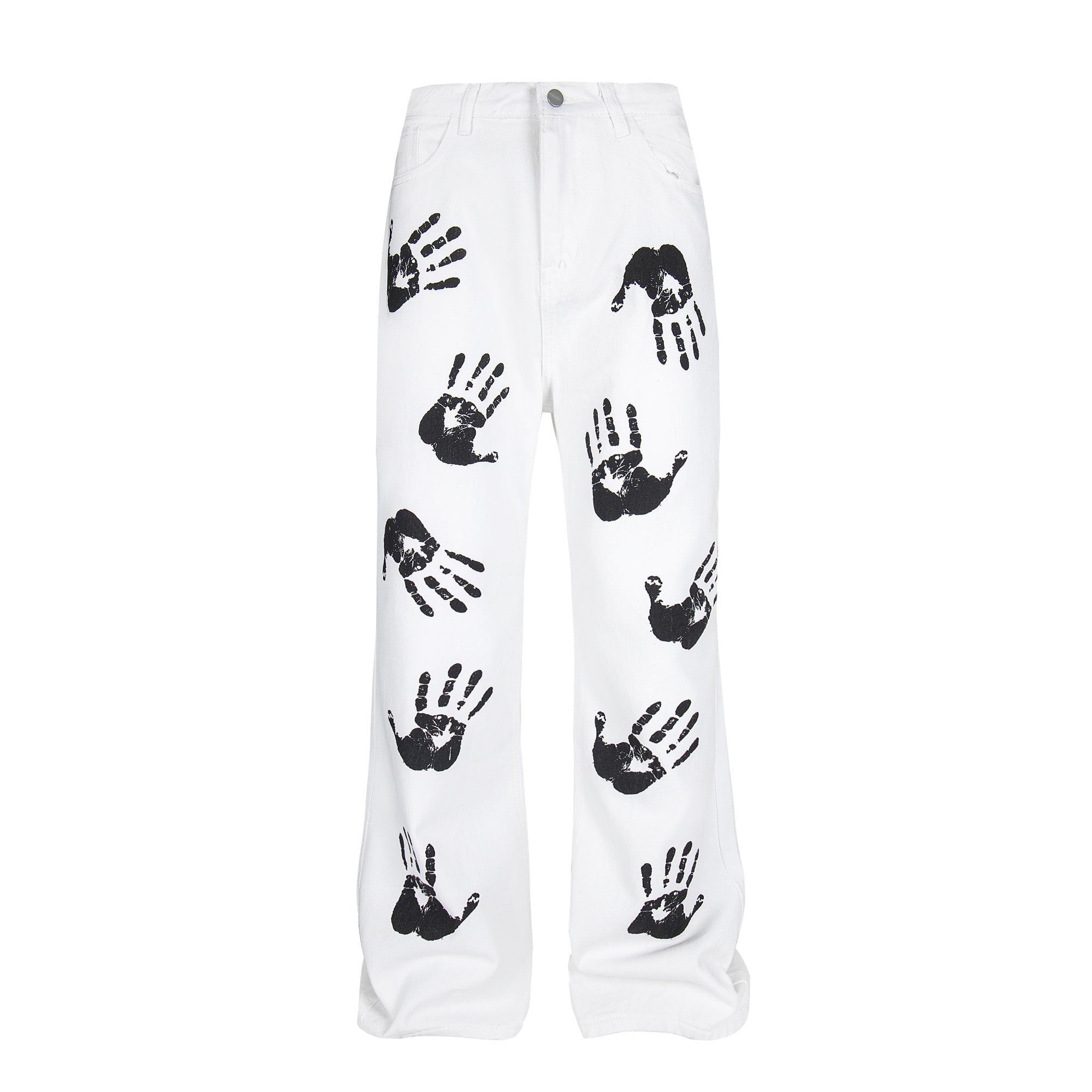 Omirad Handprint White Denim Pants | Wide-Leg Street Style