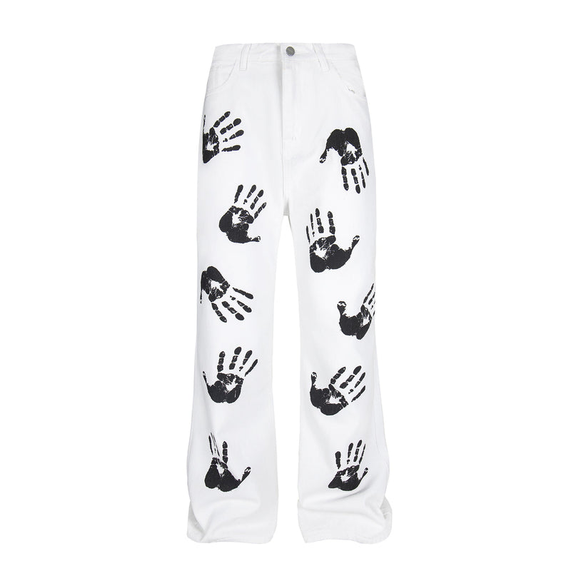 Omirad Handprint White Denim Pants | Wide-Leg Street Style