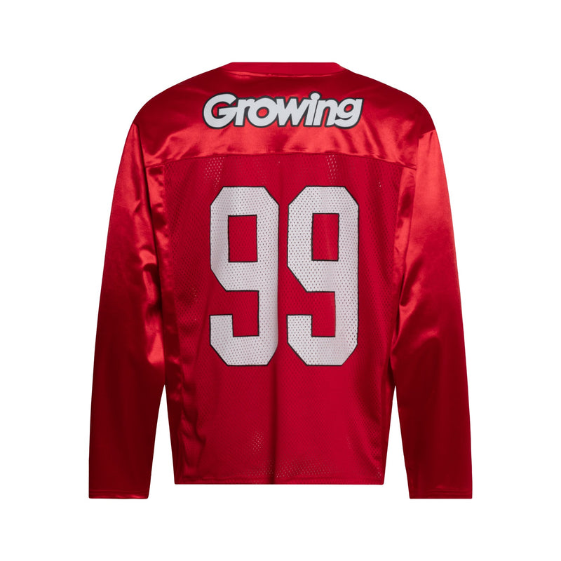 Back of red long-sleeve mesh jersey with Growing logo and white 99