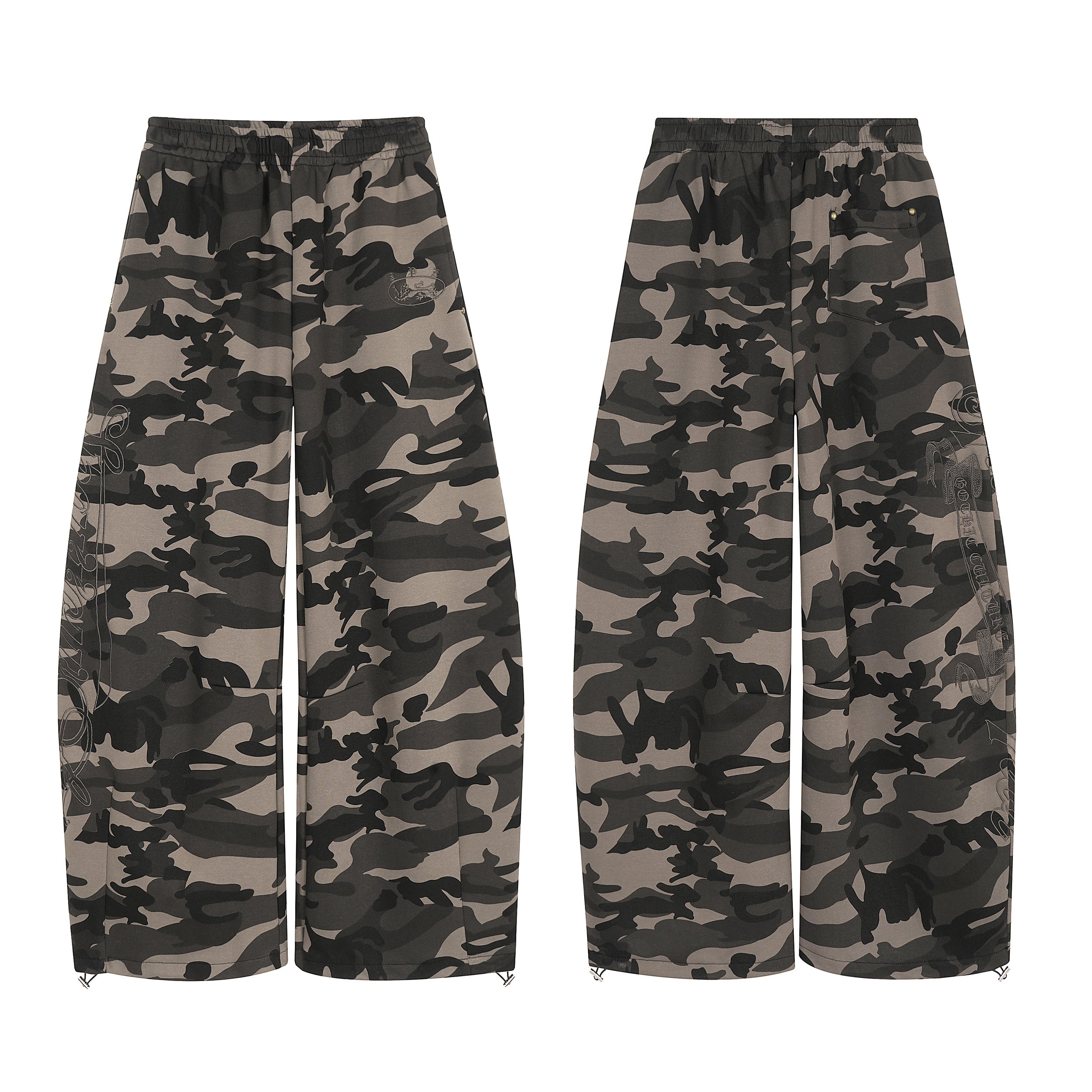 Front and back view of grey and black camouflage wide-leg track pants with elastic waistband and ankle drawstrings