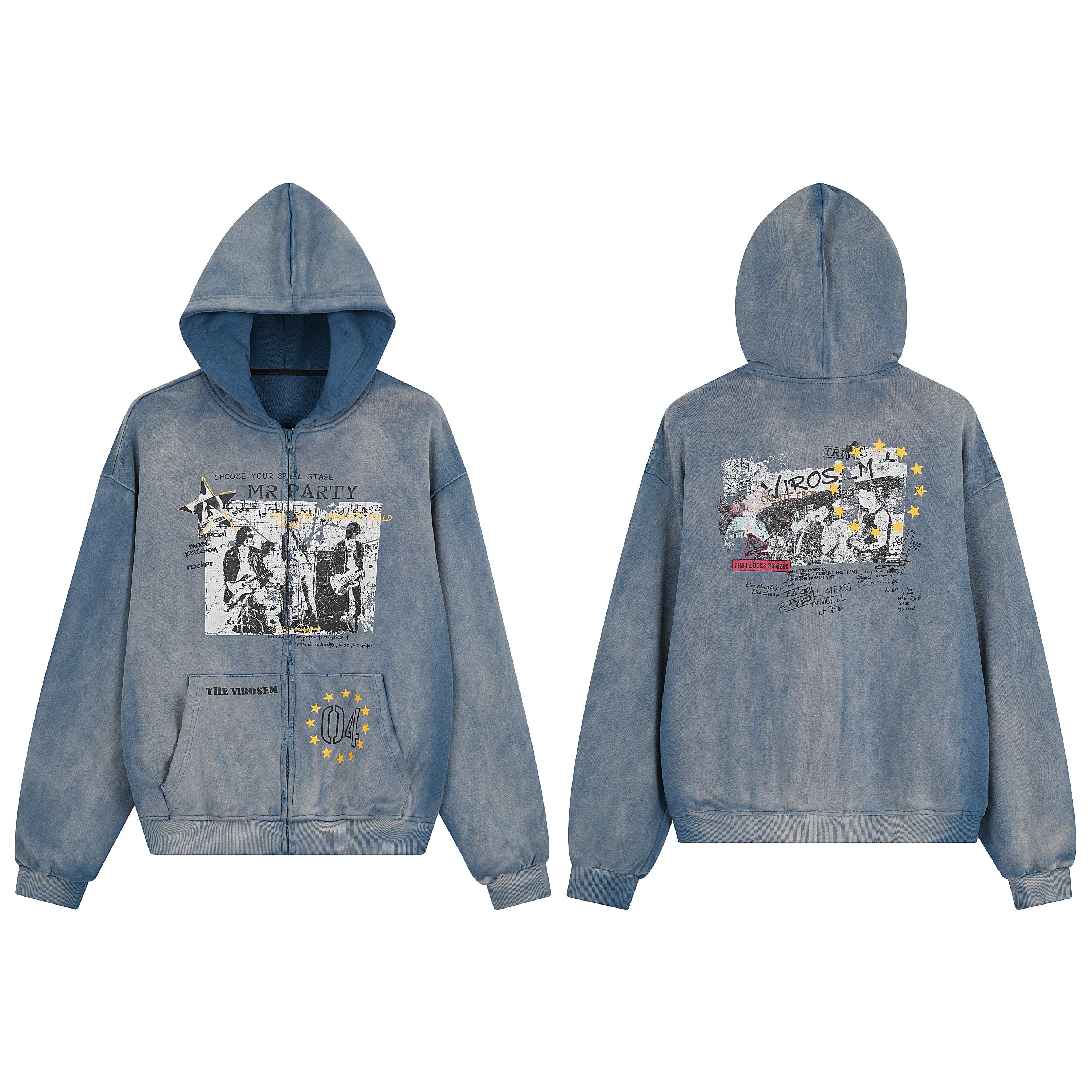 Washed blue zip-up hoodie with vintage rock band graphic print on front, star motifs and kangaroo pocket detail