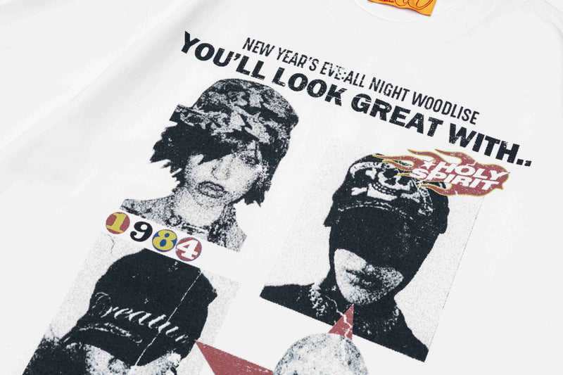 White retro graphic tee featuring two black-and-white portraits and bold New Year’s Eve text with vintage streetwear styling