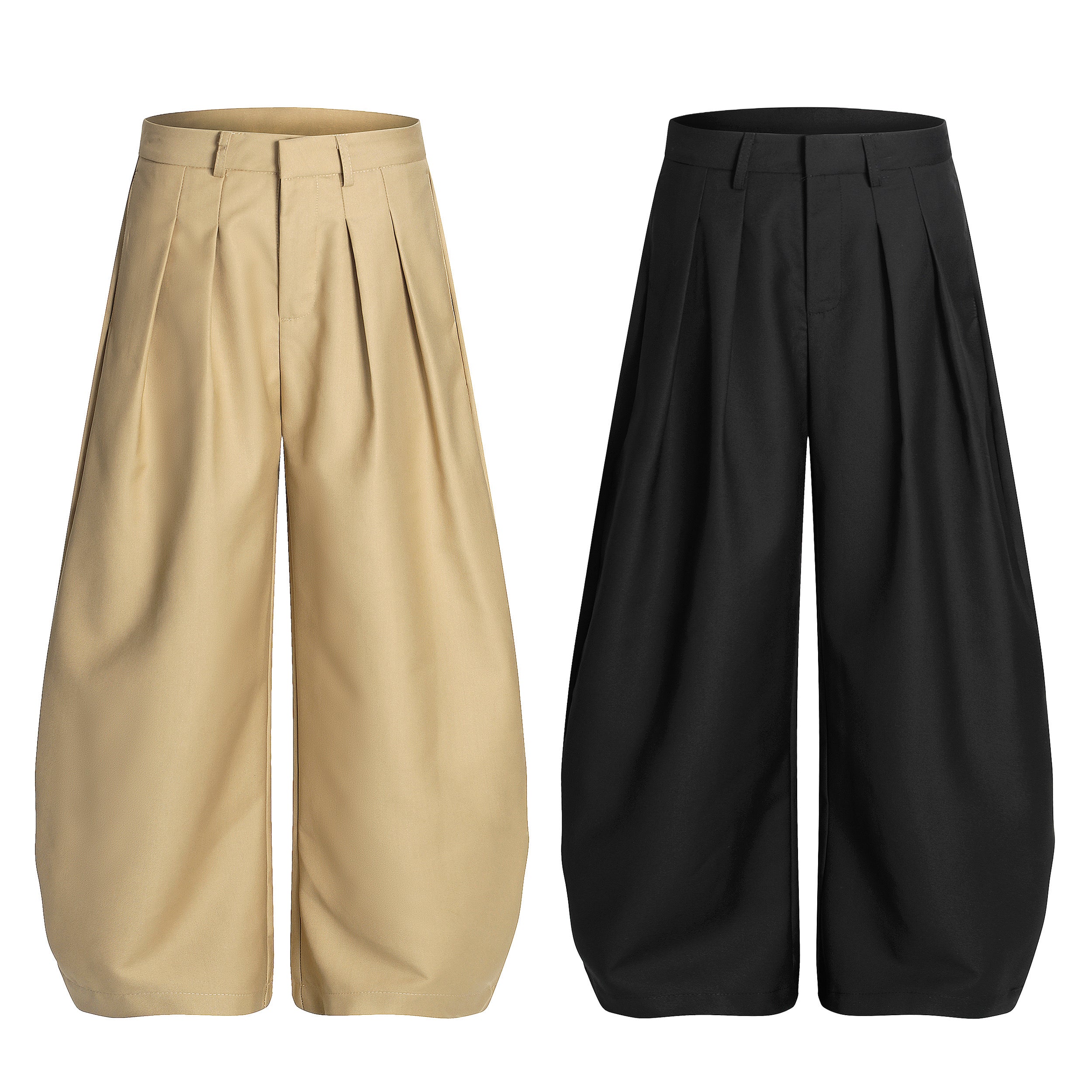 Omirad pleated barrel-leg trousers in khaki and black, wide-leg silhouette with front pleats, product flat lay