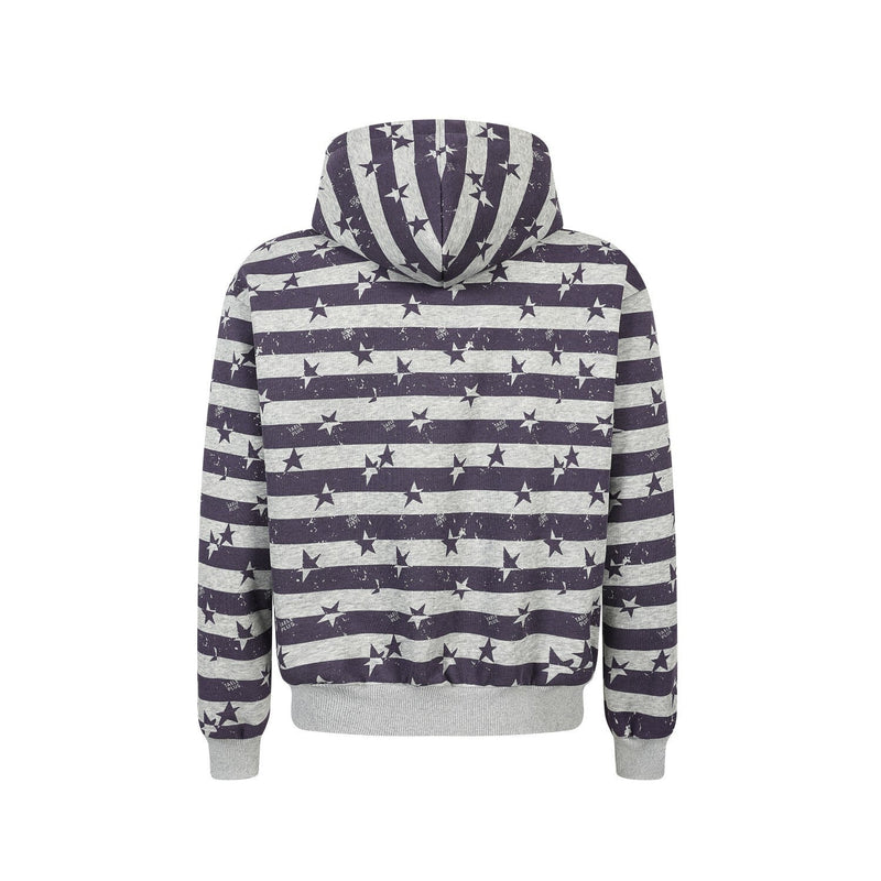 Back view of a star-patterned zip-up hoodie with purple and gray striped print and ribbed hem
