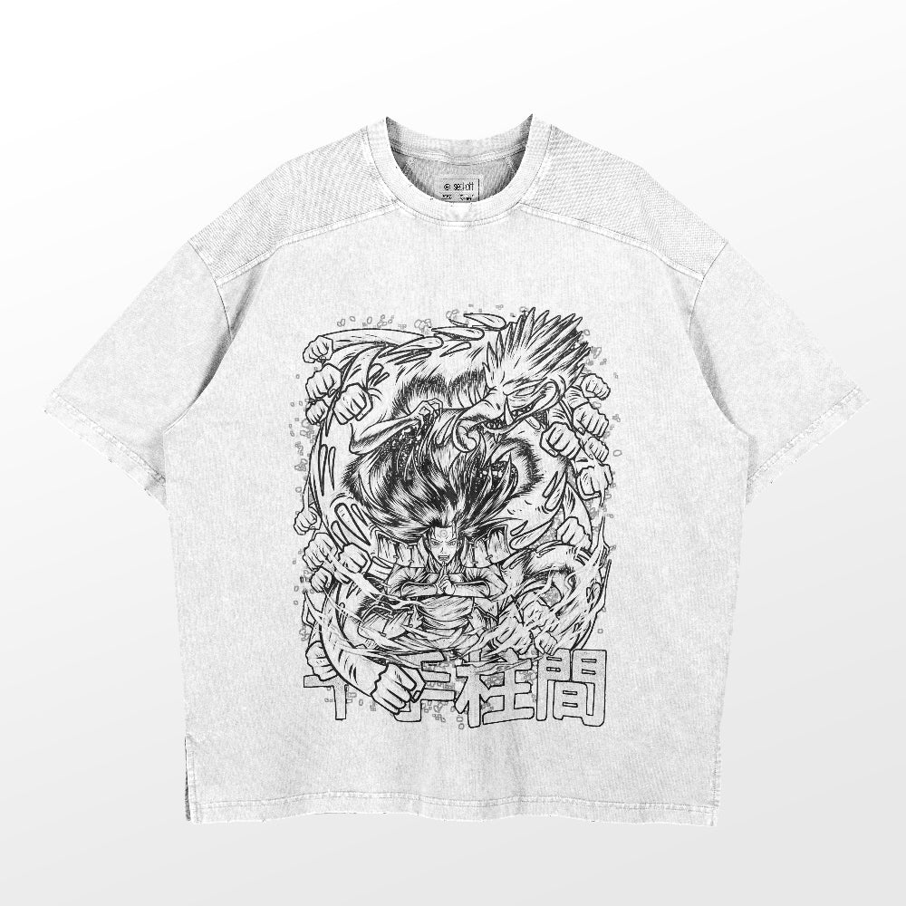 The Naruto Hashirama Senju Washed Vintage T-Shirt, made from 260 GSM high-quality cotton, features a gray streetwear design with a black and white graphic of Hashirama Senju. Bold Japanese script at the bottom adds an iconic touch for any Naruto fan.