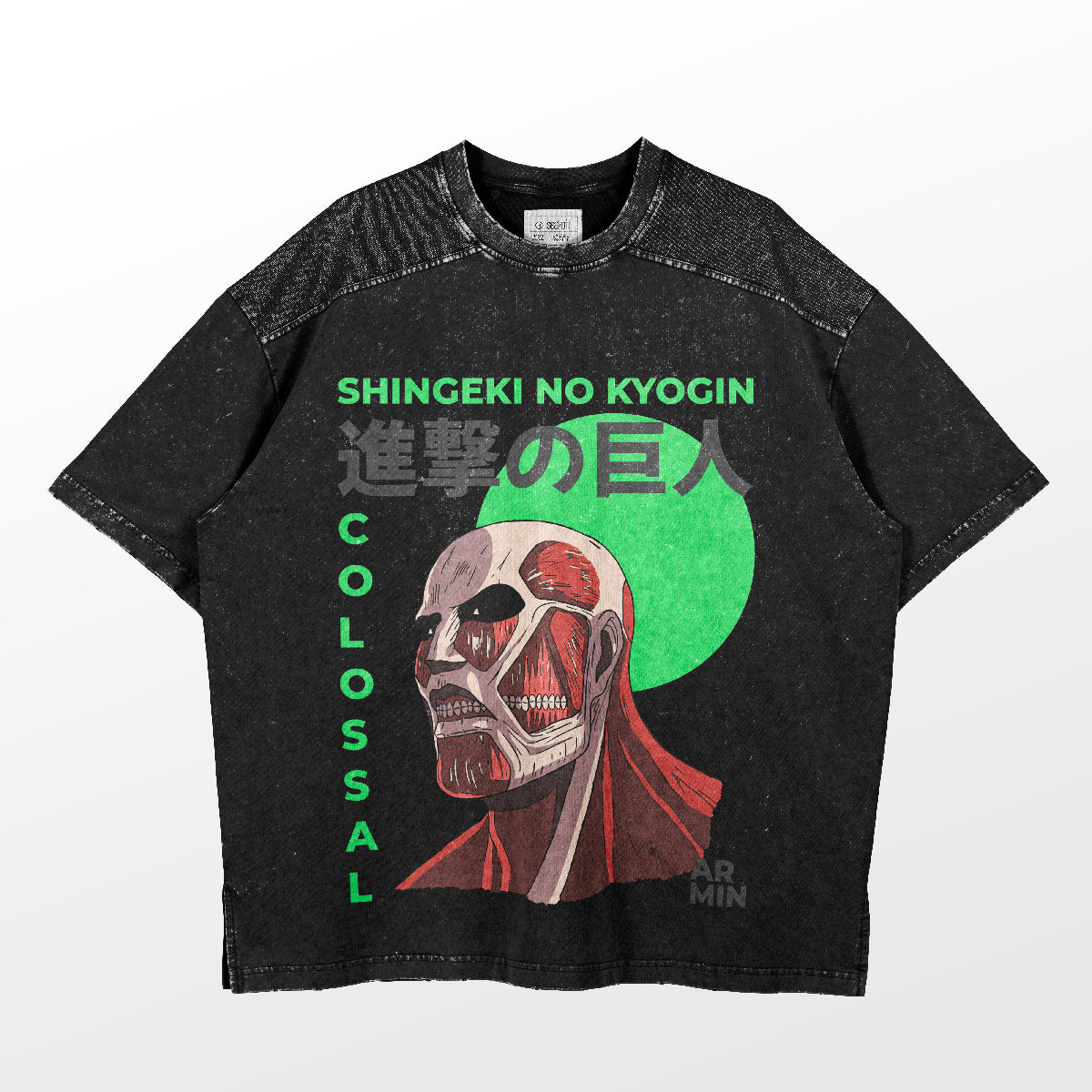 The Colossal Titan Head Attack on Titan T-Shirt features a humanoid figure with muscles under a green moon, bold &quot;Shingeki no Kyojin&quot; and &quot;Colossal&quot; text. Ideal for anime conventions, it&