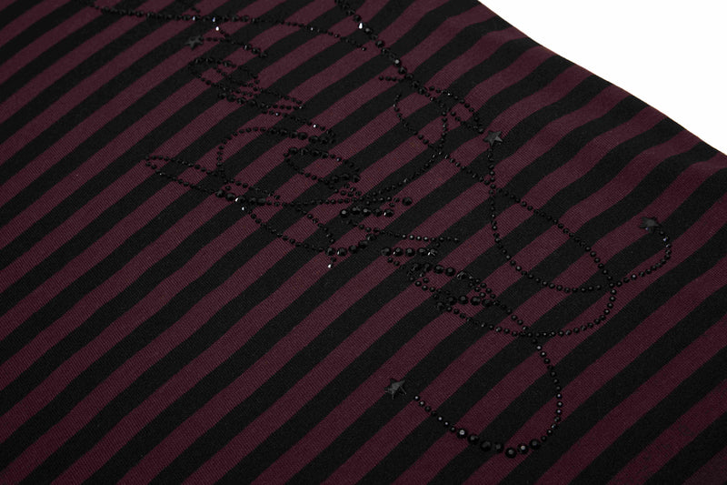 Black and burgundy striped tee with gothic rhinestone script detail on the chest