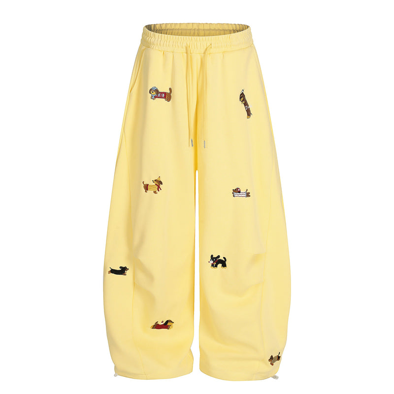 Embroidered Dog Motif Wide-Leg Sweatpants | Omirad