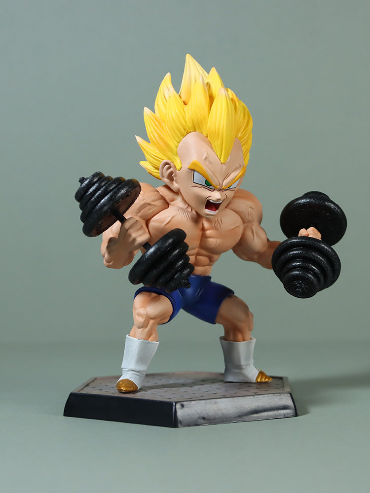 The Seakoff Vegeta Super Saiyan Collectible Figure from Dragon Ball Z stands 17cm tall, depicting Vegeta shirtless in blue shorts and white boots. Holding two black dumbbells with spiky yellow hair, he exudes intensity on a square base in a weightlifting pose.