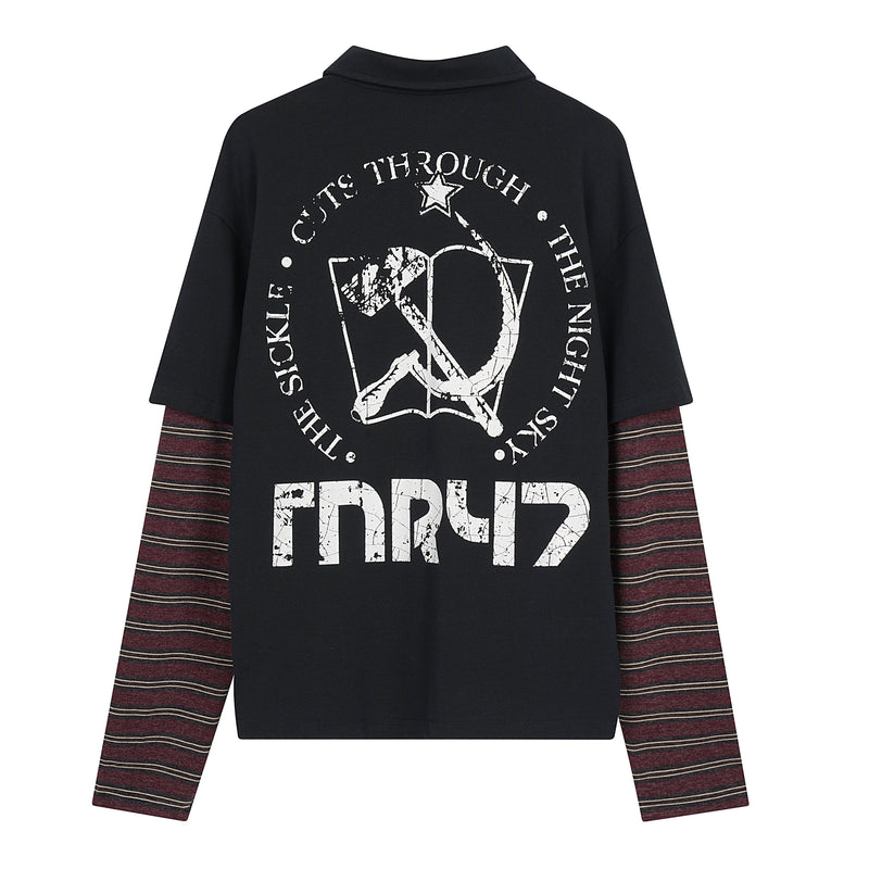 Black layered polo tee with white star graphic and maroon striped long sleeves, back view