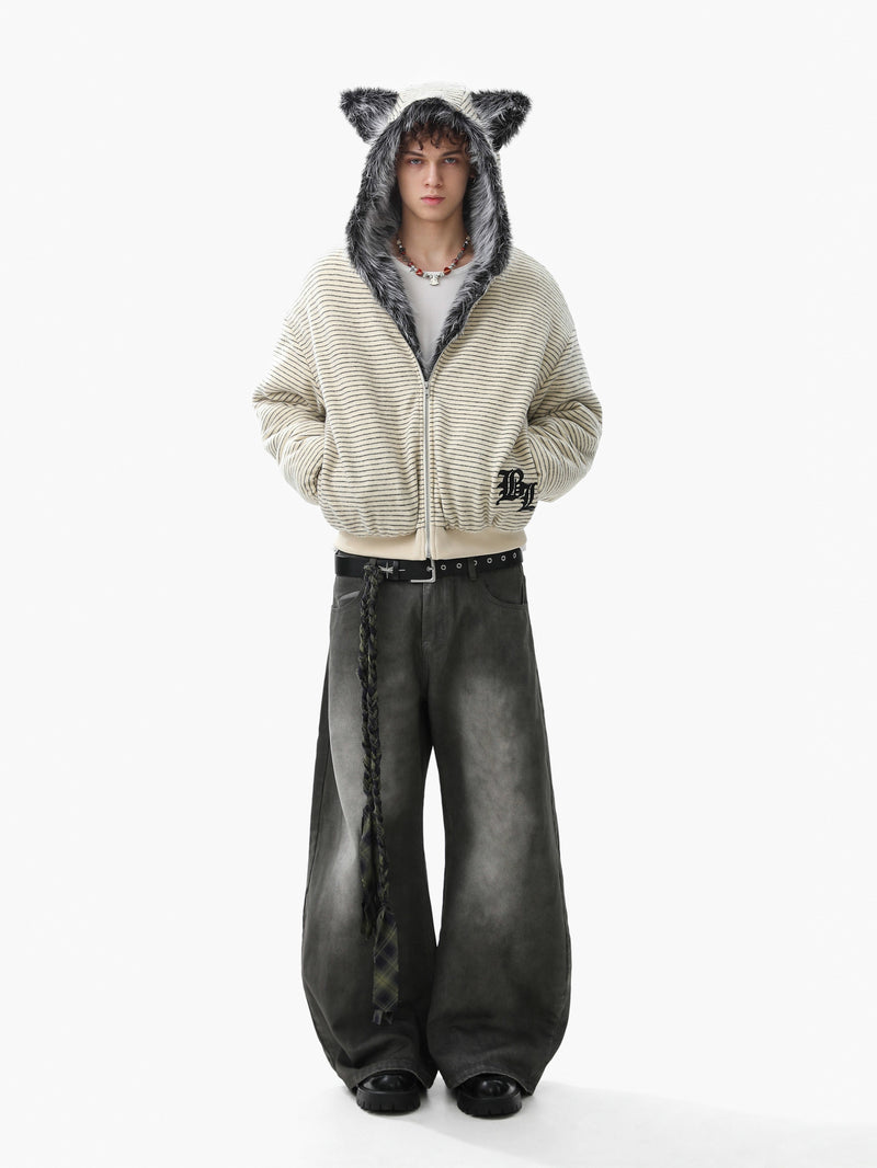 Faux-Fur Lined Striped Zip-Up Hoodie Jacket | SEAKOFF