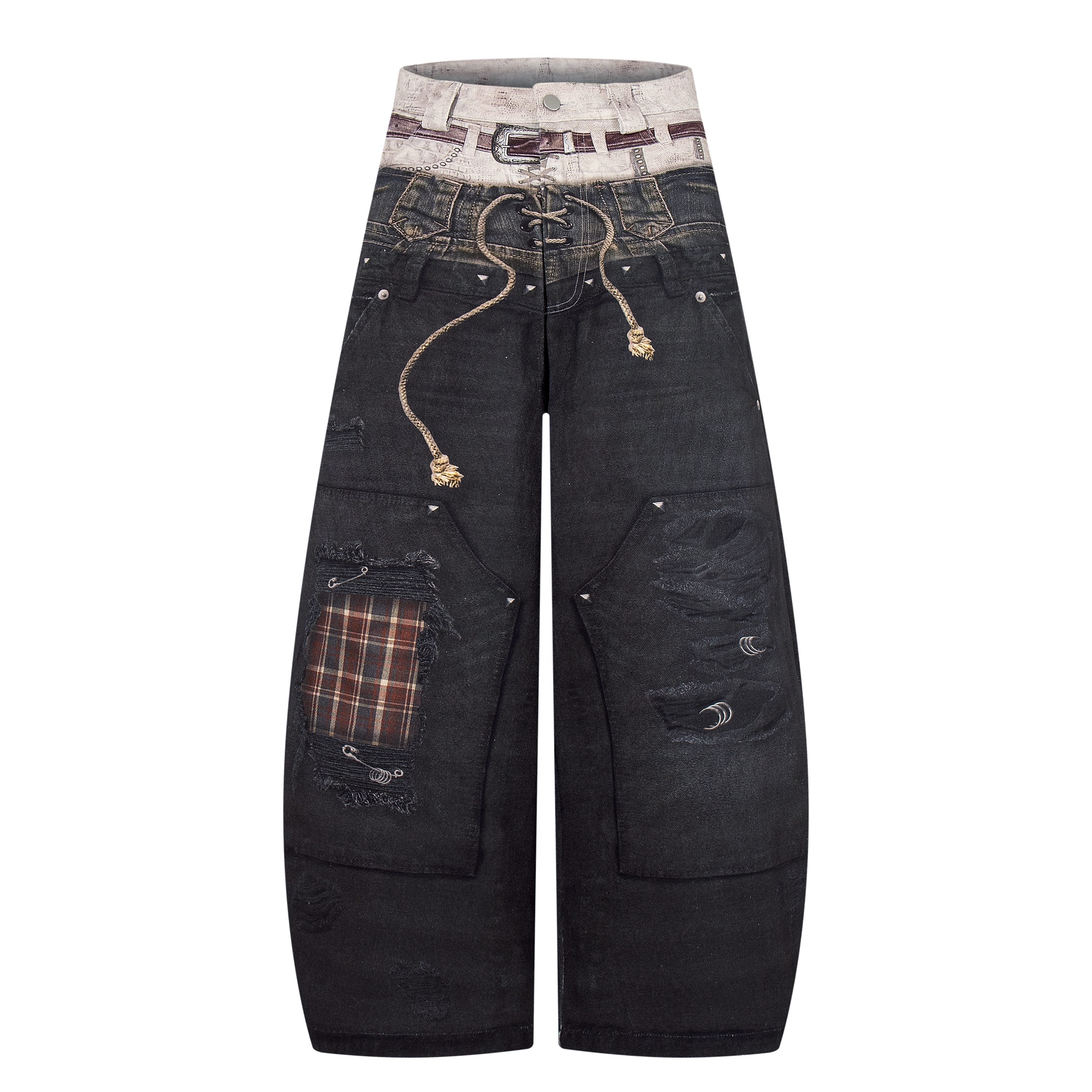 Omirad Layered Distressed Patch Wide-Leg Denim Pants