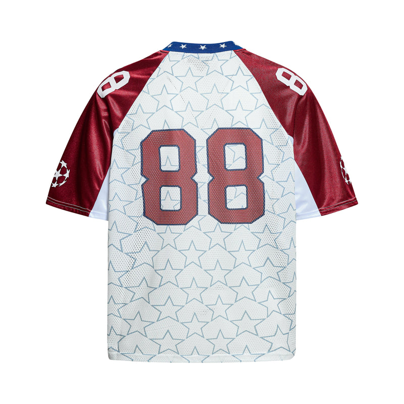 Red, white, and blue mesh football jersey with star pattern and large 88 graphic on the back