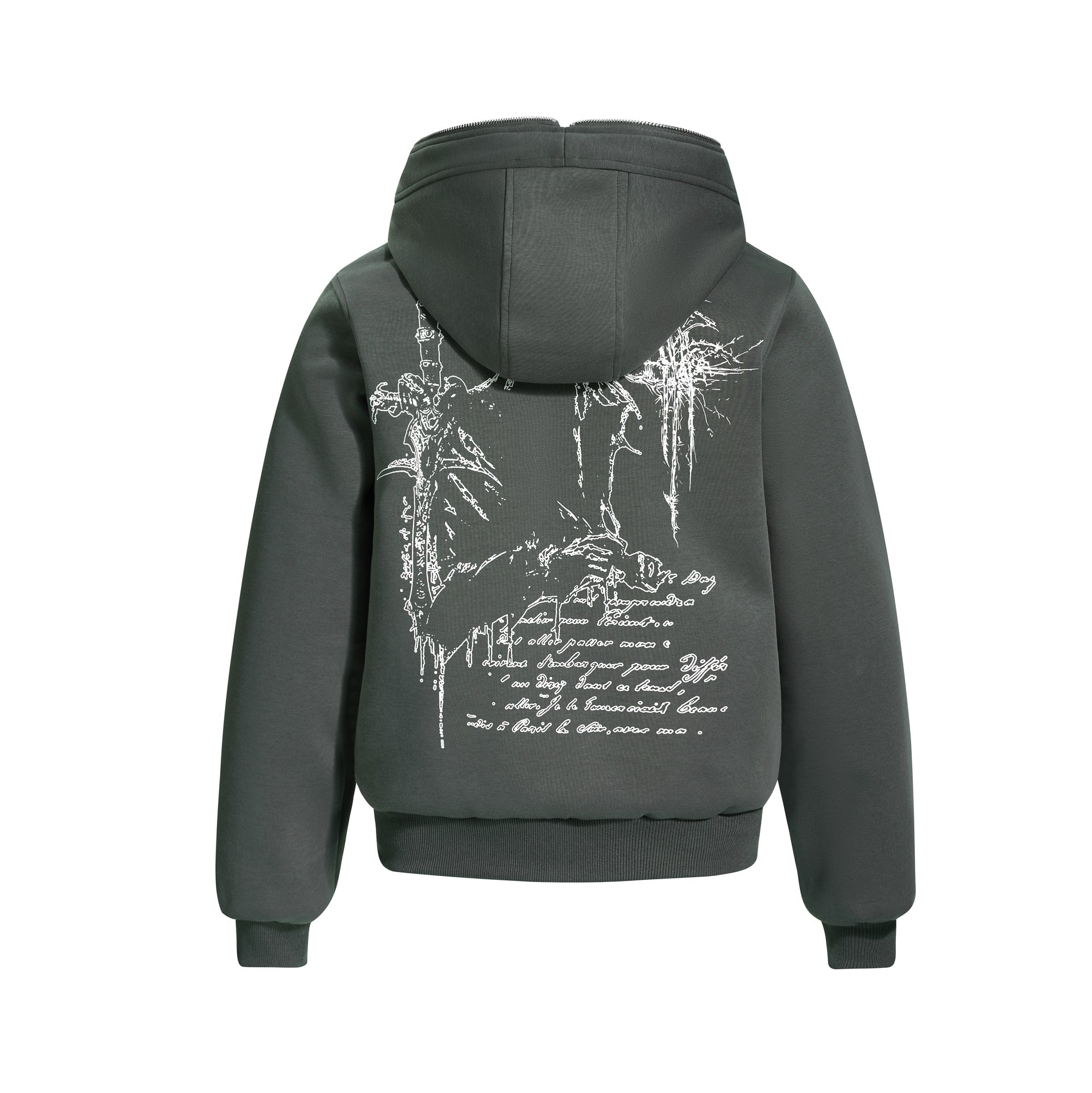 Gothic Line Art Zip-Up Hoodie | Dark Streetwear Cotton
