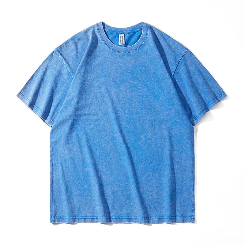 Custom Anime Character Blue Washed T-Shirt with short sleeves shown laid flat on a white background.