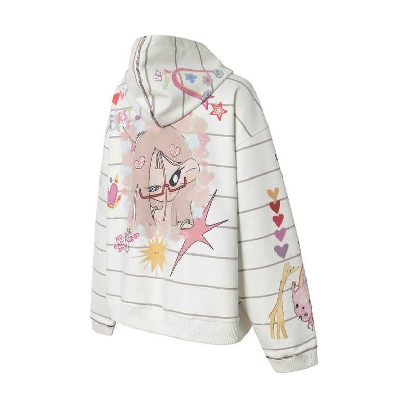 Three-quarter back view of cream zip-up hoodie with hood and cartoon back graphic