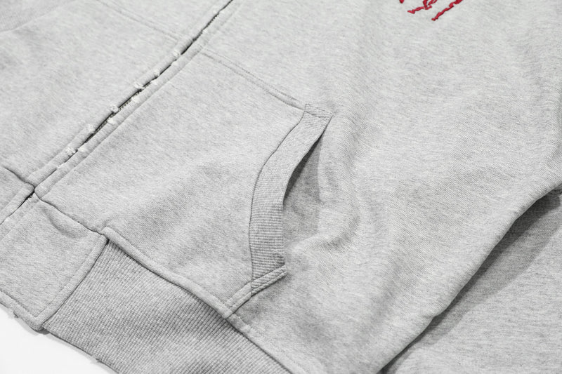 Close-up of light gray hoodie front pocket and zipper seam