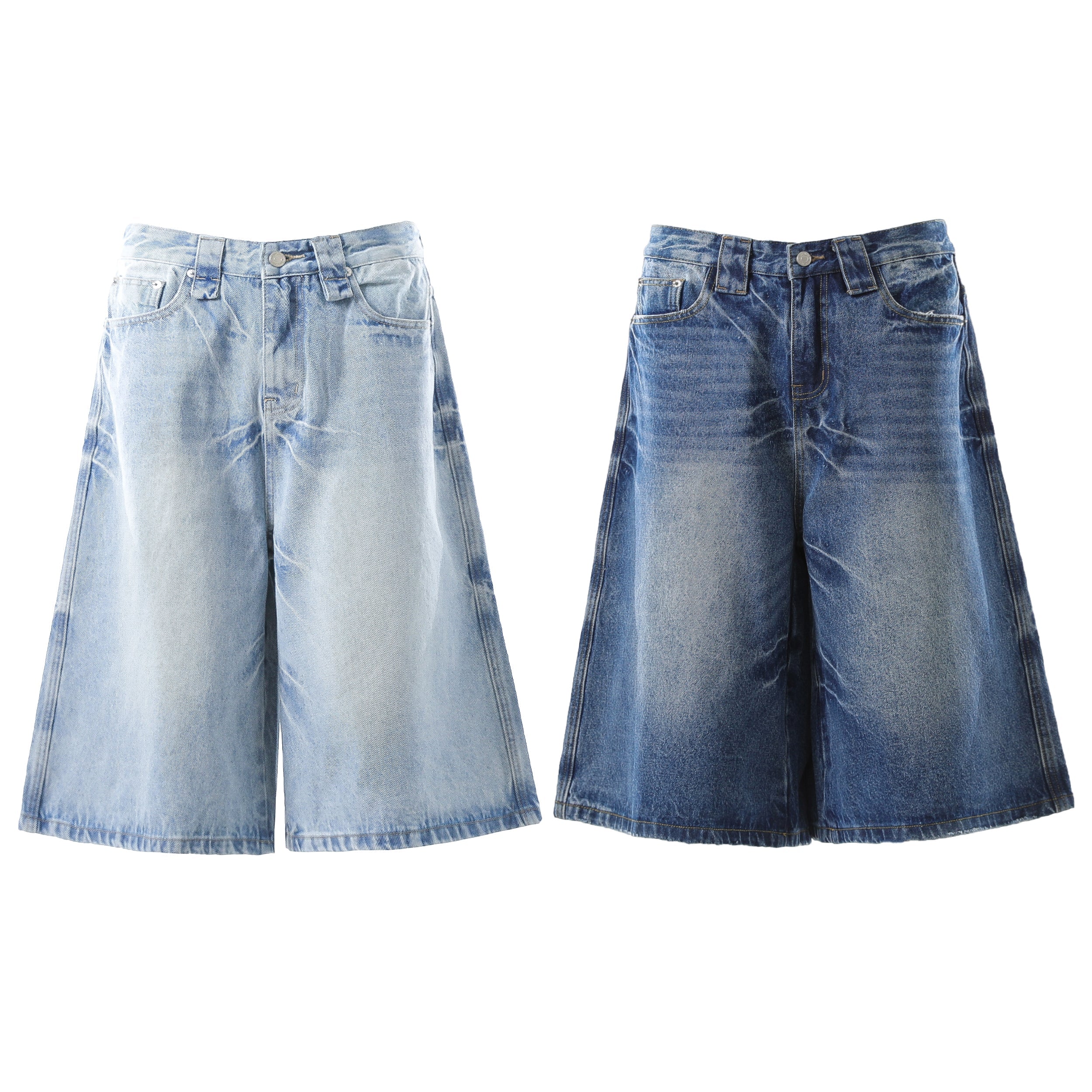 Omirad wide-leg denim shorts in light blue and mid-blue vintage wash, A-line silhouette, front view on white background