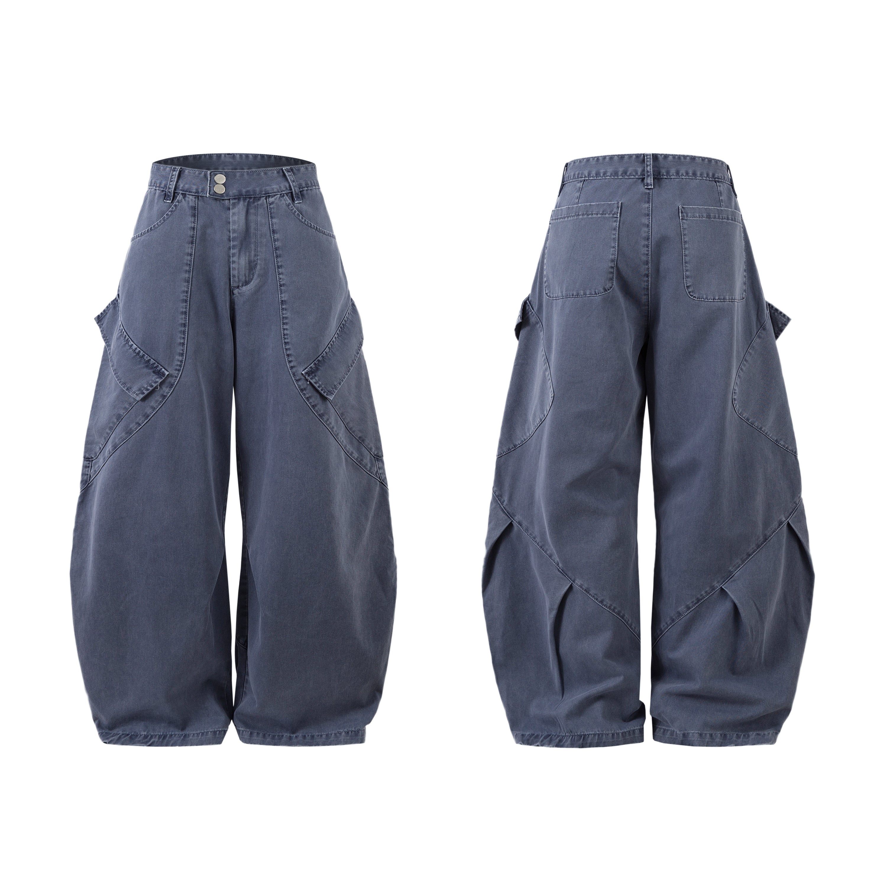 Front and back view of slate-blue curved-cut barrel denim pants with 3D seams and cargo flaps