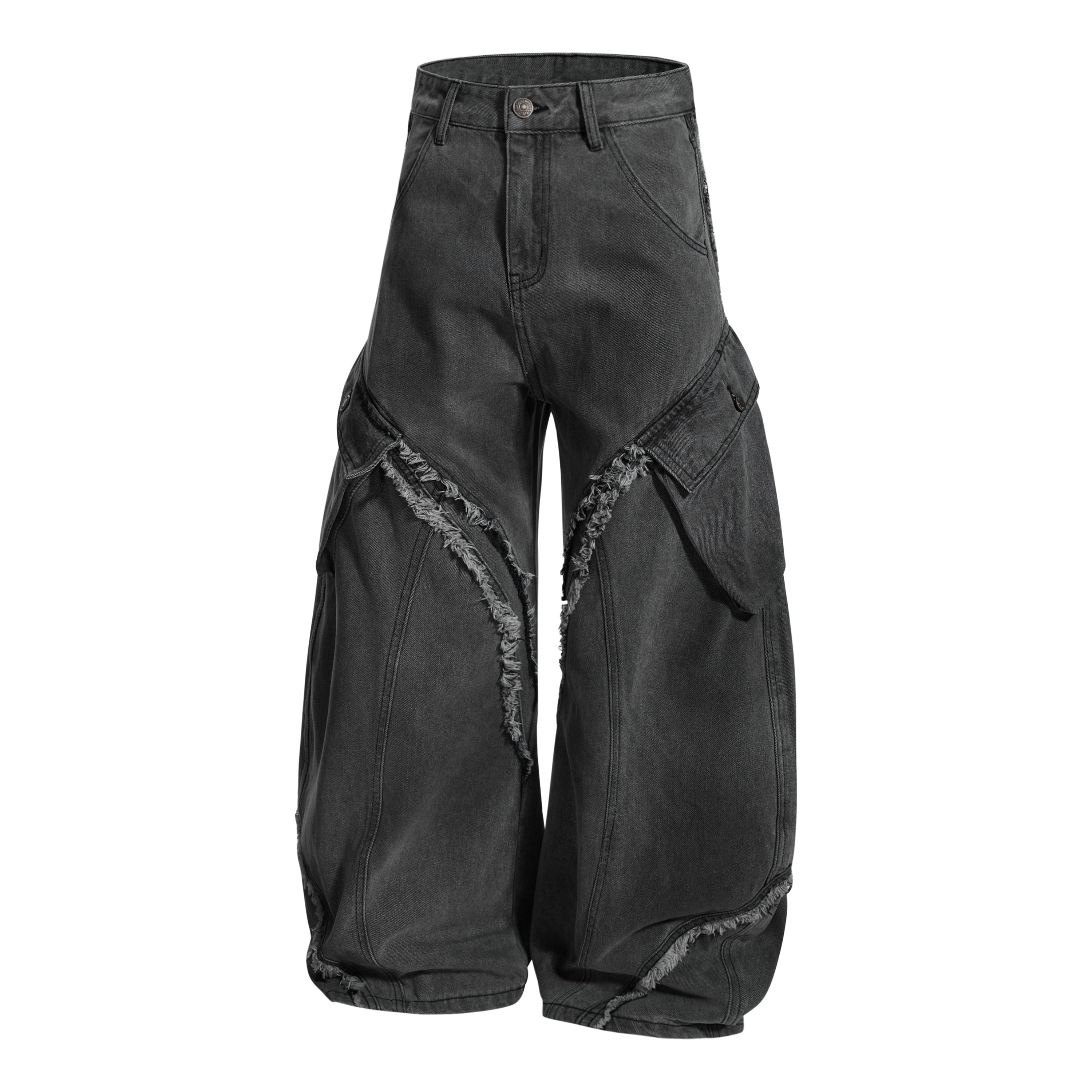 Omirad Washed Frayed Curved Cargo Jeans | Wide-Leg